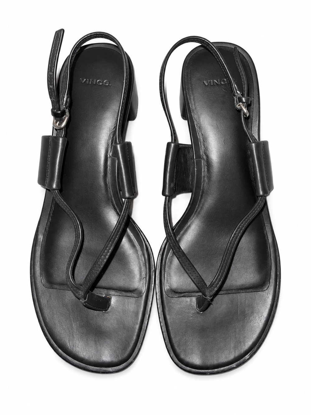 Vince Black Leather Thong Slingback Block Heel Sandals Womens 7M